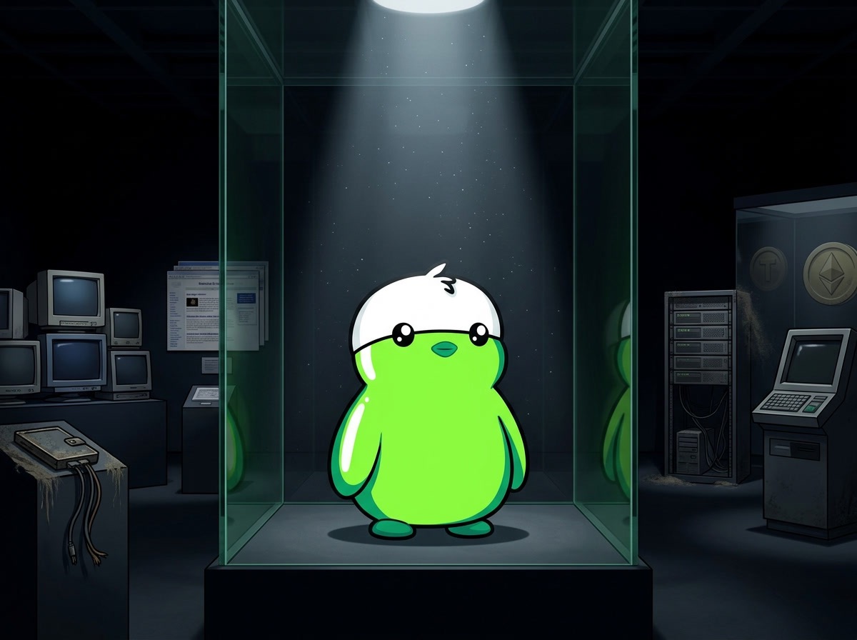 PUMPGU inside a glass museum case in a dark archive